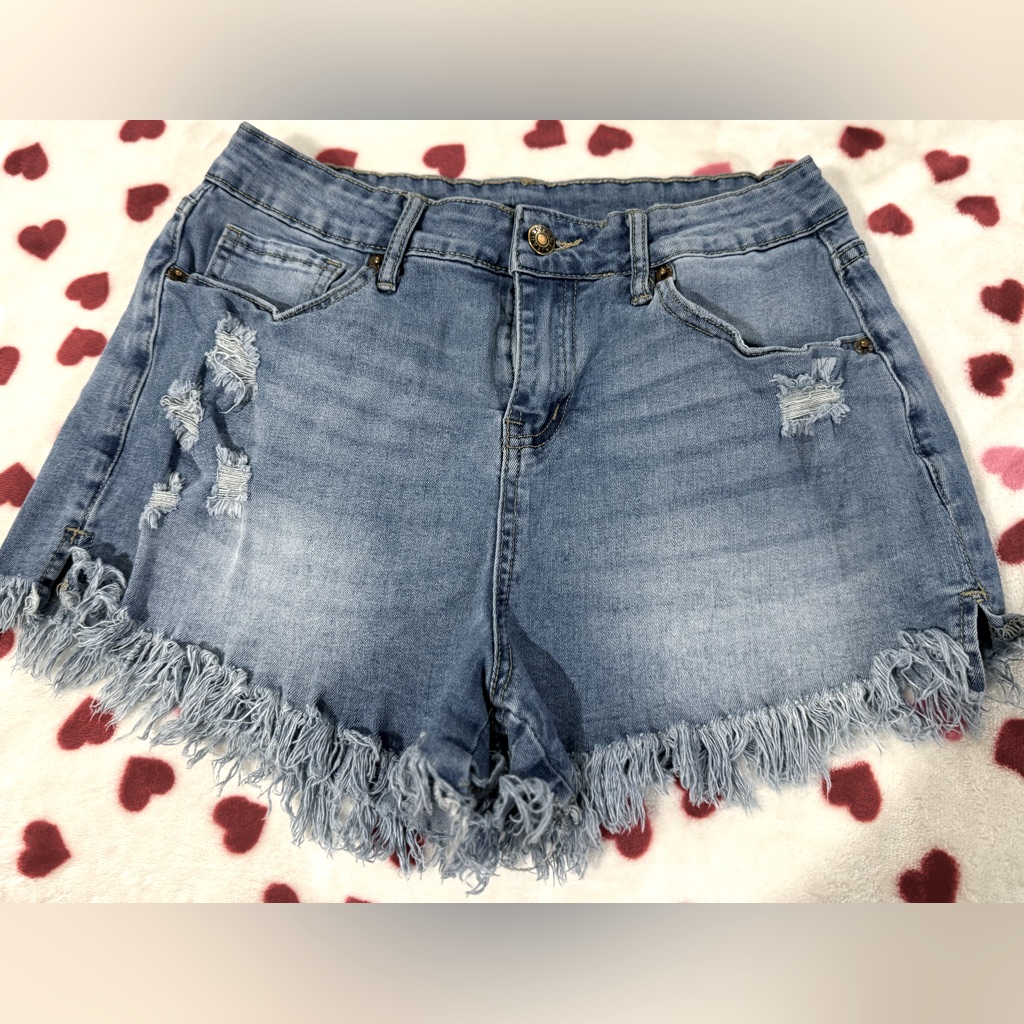 Womens Medium Wash Denim Frayed Hem, Side Slit, High Rise Shorts! Size M (6-8)